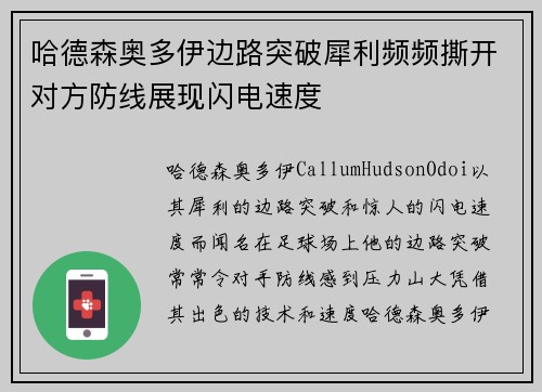 哈德森奥多伊边路突破犀利频频撕开对方防线展现闪电速度